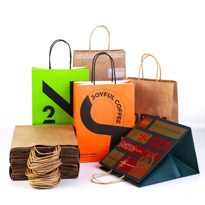 Custom brown kraft paper bag with handle, eco friendly flat handle food delivery bag, restaurant takeout takeaway bag for food