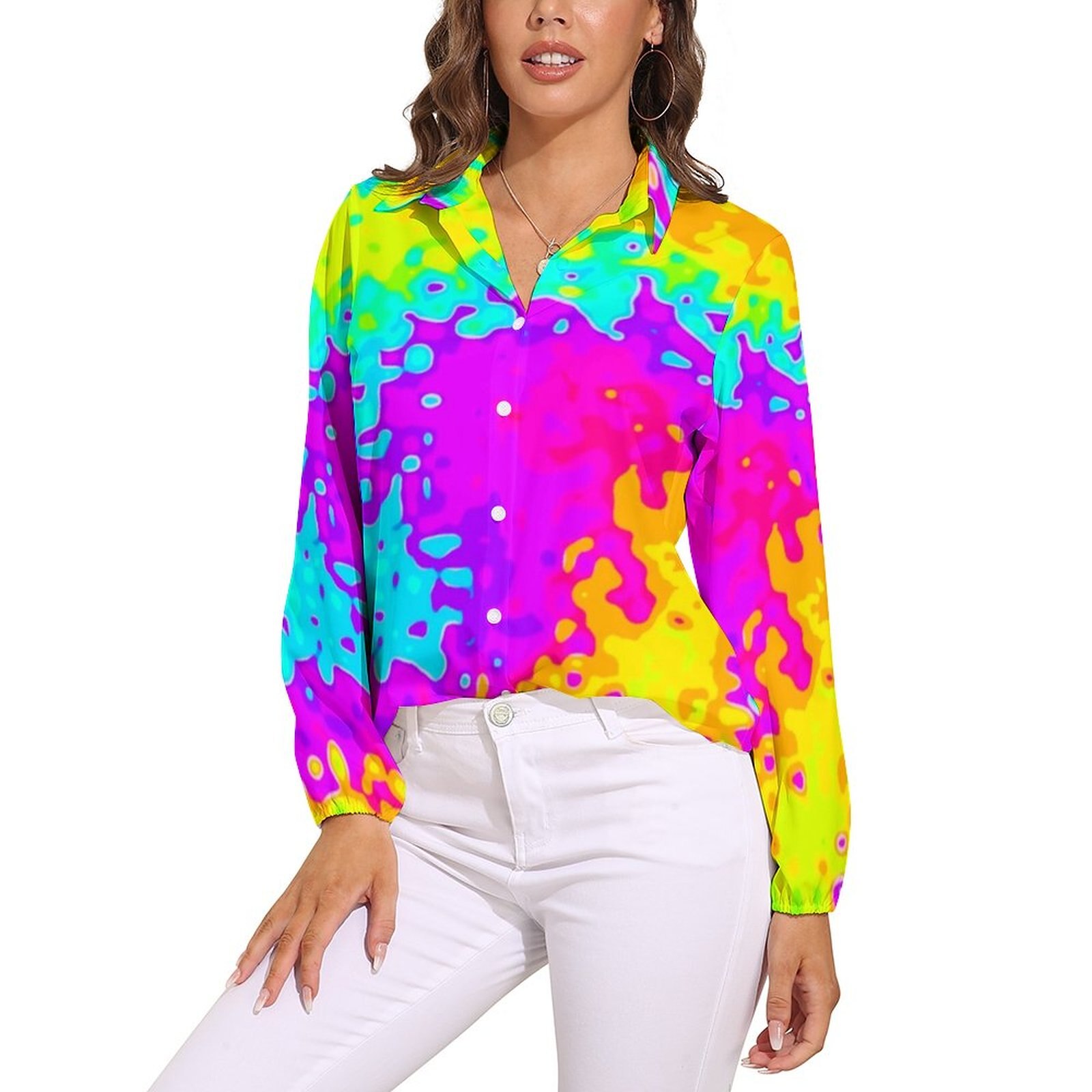 Yellow Tie Dye Blouse Psychedelic Print Trendy Custom Blouses Womens Casual Shirts Spring Long-Sleeve Oversized Top