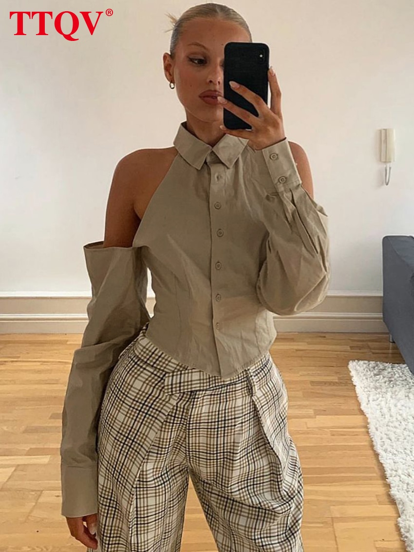 TTQV Fashion Brown Hollow Out Women'S Blouse 2023 Elegant Lapel Single-Breasted Blouses Autumn Solid Slim Crop Shirts Stree