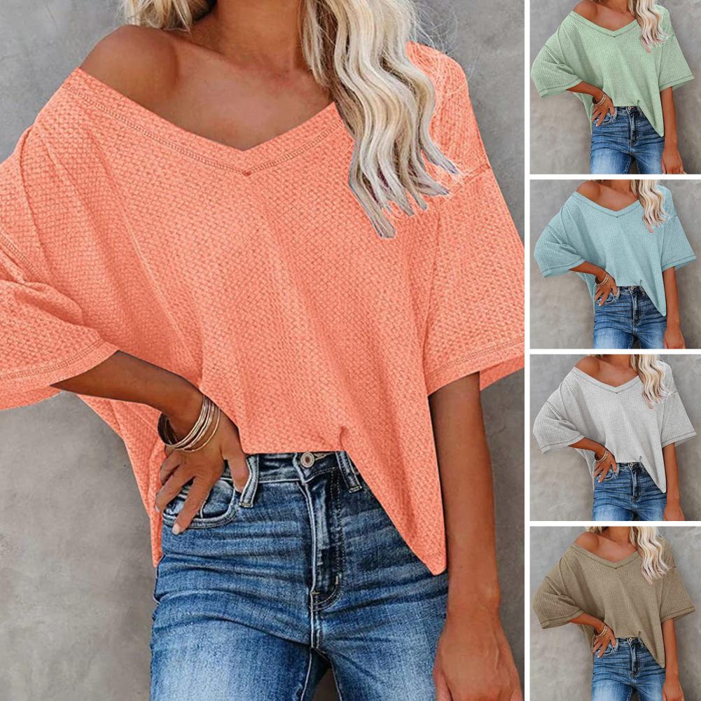 Summer Casual Solid V-Neck T-shirt Women Basic Short Sleeve Knitted Tops Female Soft White Tee Shirt Harajuku