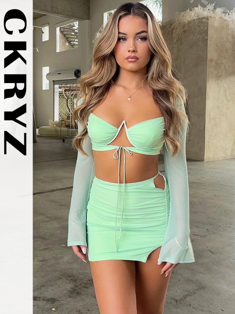 Ladies Night Club Wear Y2K Summer Outfits For Women 3 Pieces Long Sleeve Crop Top And Side Slit Mini Skirt Sets Birthday Party