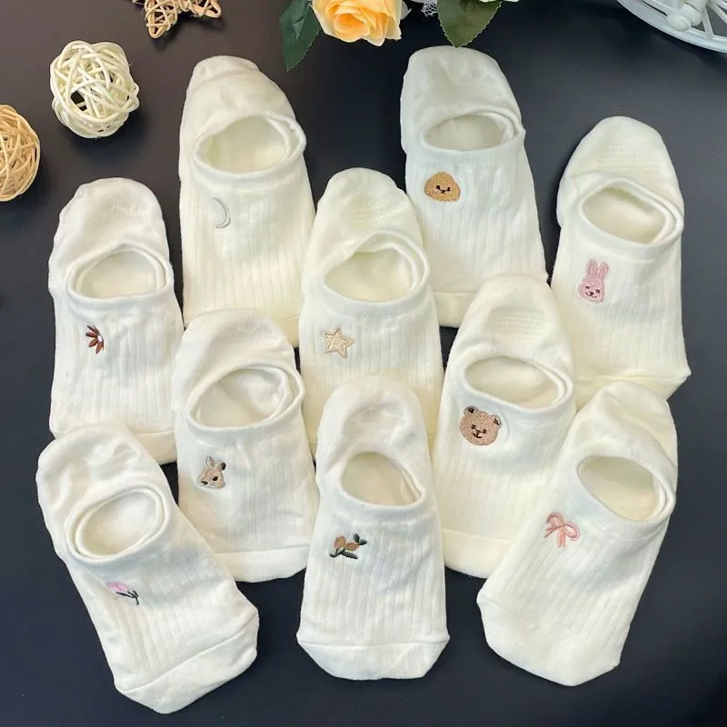 10Pairs Cotton Women Sock White Boat Socks Cartoon Pattern Bear Flower Casual Summer Breathable Socks Short Happy Ankle Sock