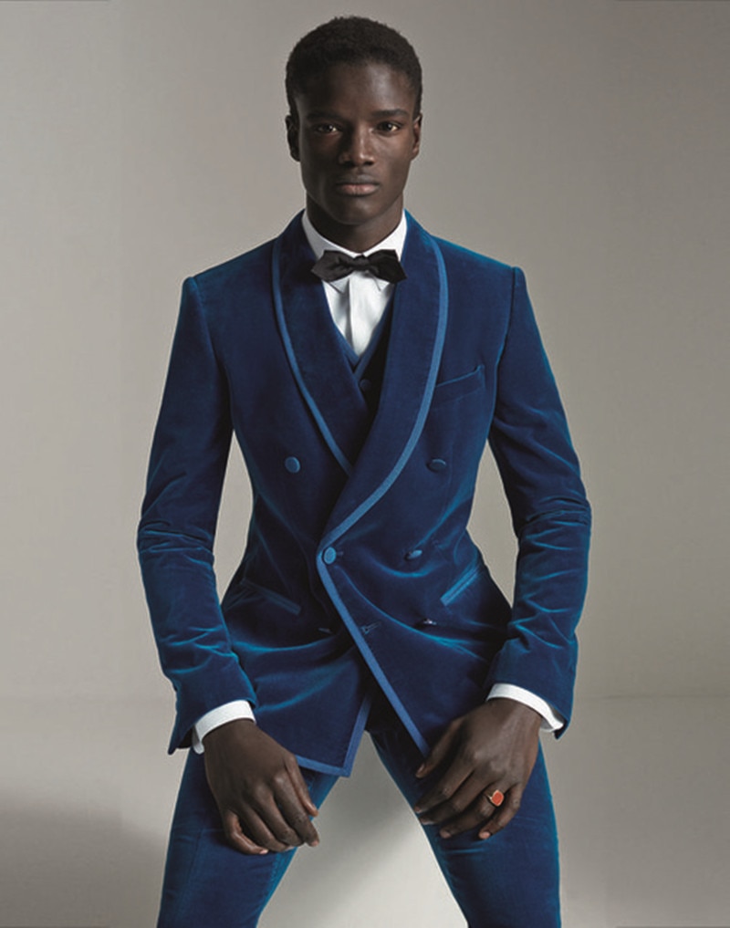 Costume Homme Latest Designs Royal Blue Velvet Men Suit Double Breasted Slim Fit 2 Piece Set Custom Prom Party Clothing