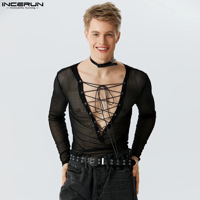Stylish Casual Bodysuits INCERUN Mens Stripes Homewear Rompers Flash See-through Mesh Strap Long Sleeve Triangle Jumpsuits S-5XL