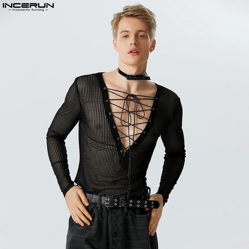 Fashionable Jumpsuits INCERUN Men Stripes Homewear Rompers Sparkling See-through Mesh Strap Long Sleeve Triangle Bodysuits S-5XL
