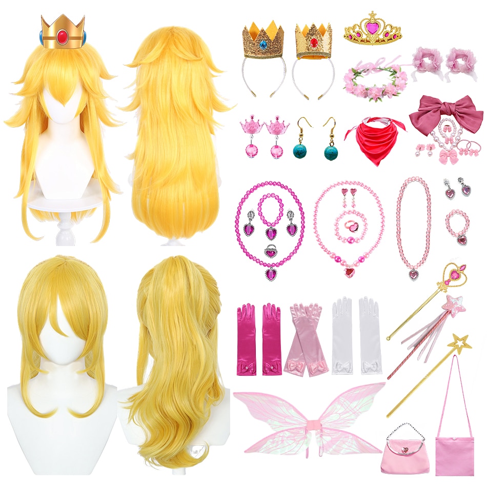 Girls Peach Princess Costume Accessories Crown Earrings Gloves Necklaces Wig Halloween Cosplay Dress Up Birthday Party Supplies