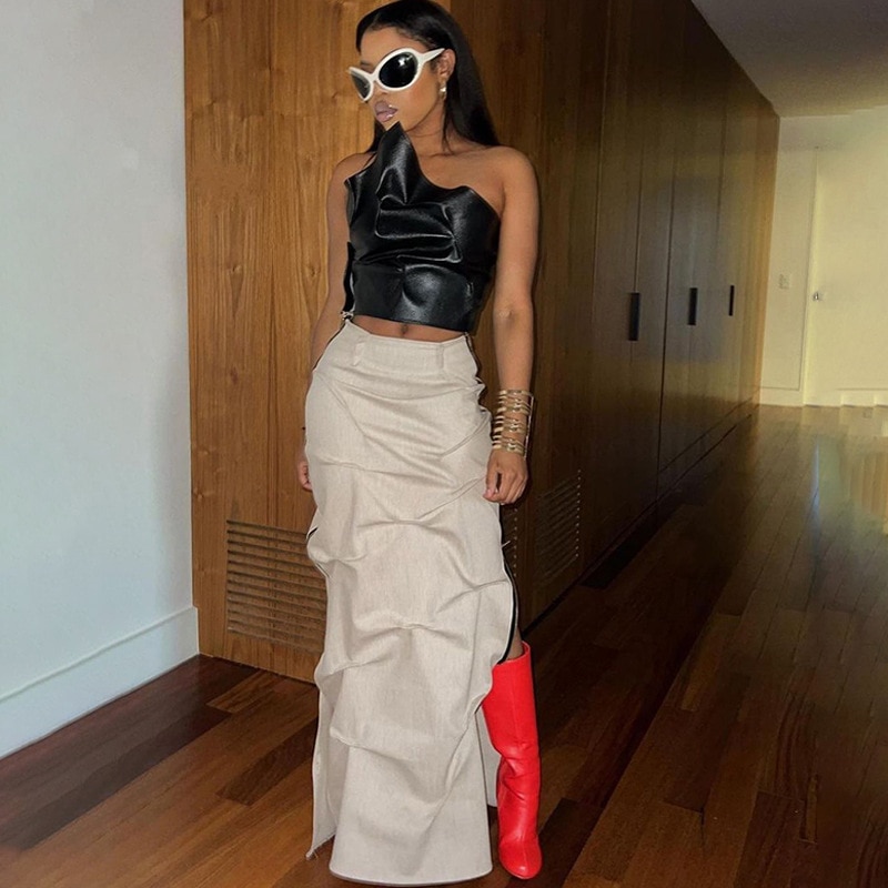 Solid Pleated Pu Leather Two Piece Set Women Casual Sleeveless Strapless Zipper Crop Top High Waist Split Maxi Skirt Streetwear