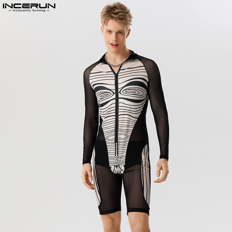 Sexy Homewear New Mens Jumpsuit Abstract Printed See-through Mesh Stitching Long Sleeved Flat Angle Bodysuits S-5XL INCERUN 2023