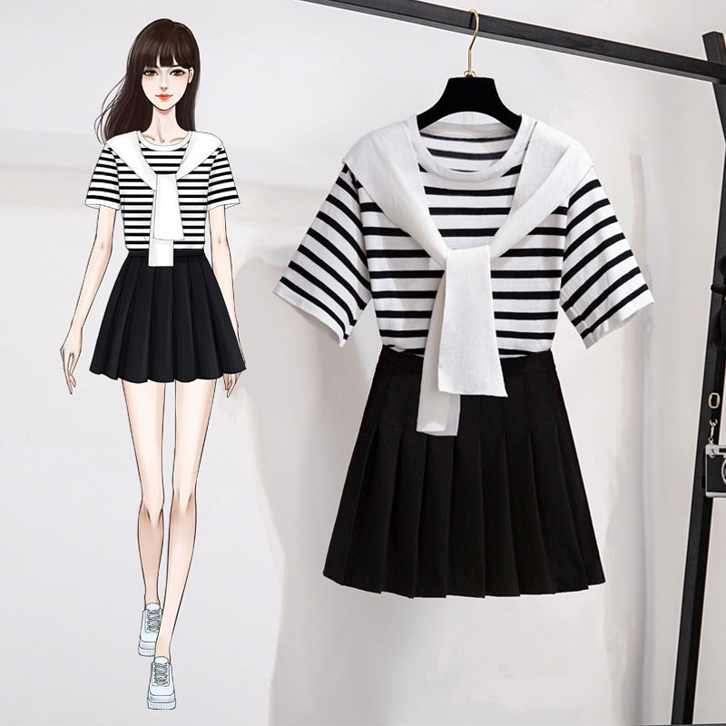 2023 Summer New Little Fresh Shawl Age Reducing Stripe Knitted Short Sleeve T-shirt Top Pleated Short Skirt Outfits for Women