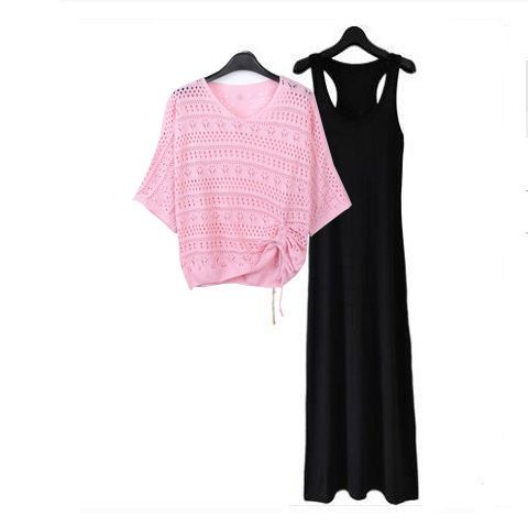 Two Piece Dress Set for Women in 2023 Summer New Suspender Fairy Long Skirt with Fashion Style Hollowed Out Blouse Knit Shirt