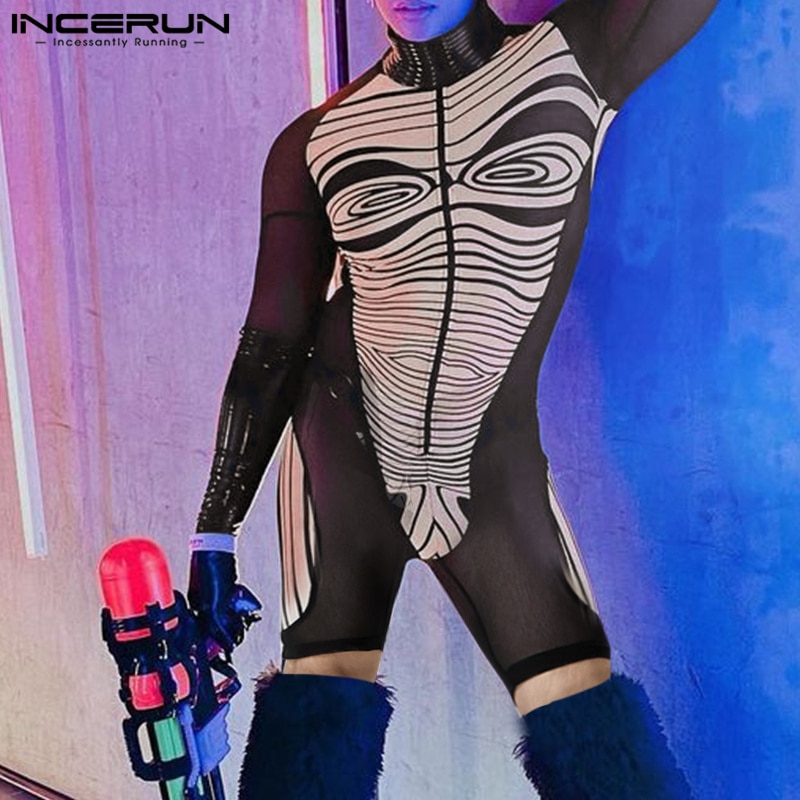 2023 Men Rompers Printing Mesh Patchwork Transparent Pajamas Lapel Long Sleeve Playsuits Sexy Zipper Men Bodysuits S-5XL INCERUN