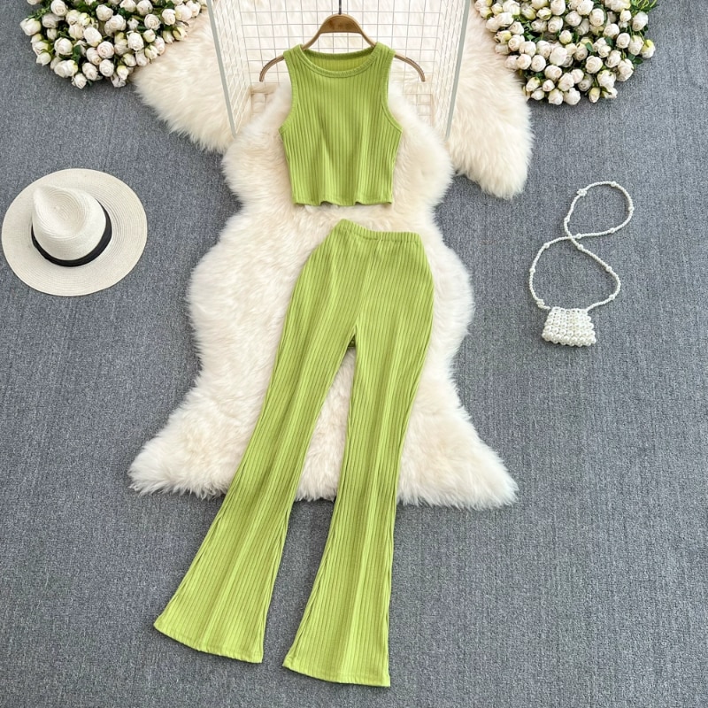 Y2k Summer Fashion High Street Set Women 2 Pieces O Neck Solid Color Vest Crop Top Suit+high Waist Slim Chic Flare Pants Outfits