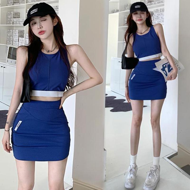 Spicy Girls Outfits Women's 2023 Summer New Sexy Open Navel Short Tank Top Wrapped Hip Half Skirt Casual Sports Two Piece S