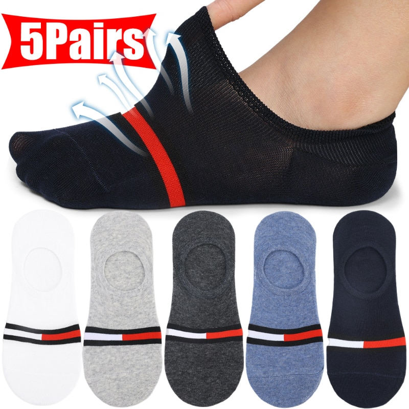 5pairs Fashion Men's Boat Socks Cartoon Bear Summer Autumn Sports Non-slip Invisible Silicone Cotton Ankle Slippers Socks R