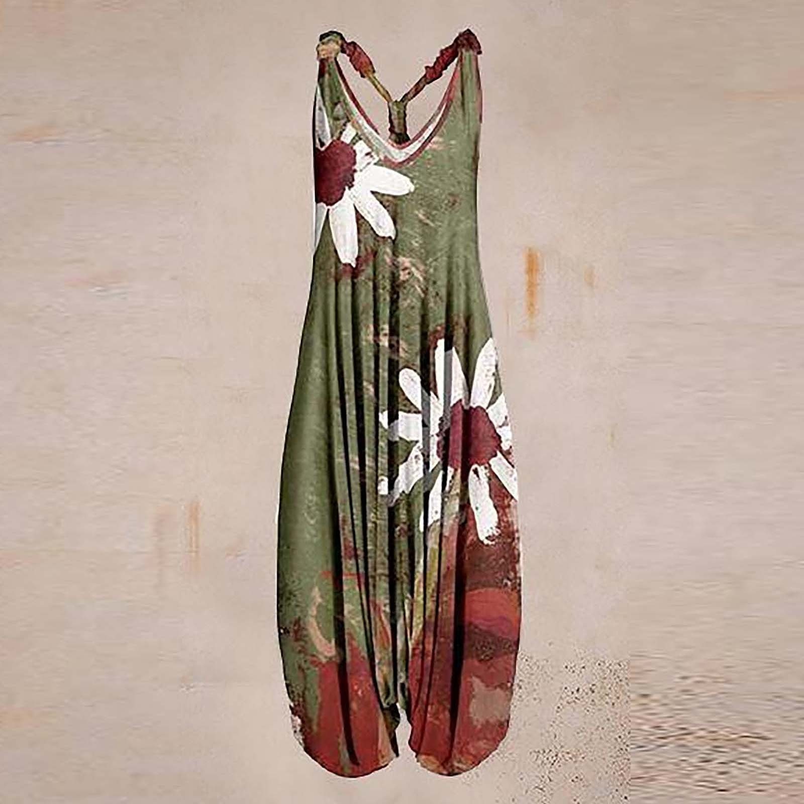 Women Boho Jumpsuit Vintage Print Jumpsuit Summer Loose Casual Print Retro Strappy Long Jumpsuit Summer New pants for women