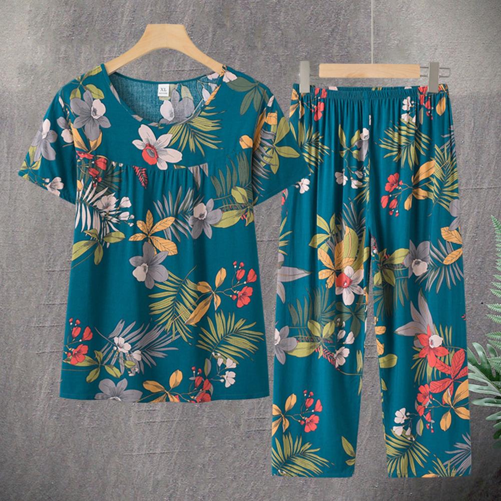 Stylish Mother Summer Pajamas Wide Leg Grandma Summer Pajamas Plus Size Floral Printing Mother Summer Pajamas Daily Wear