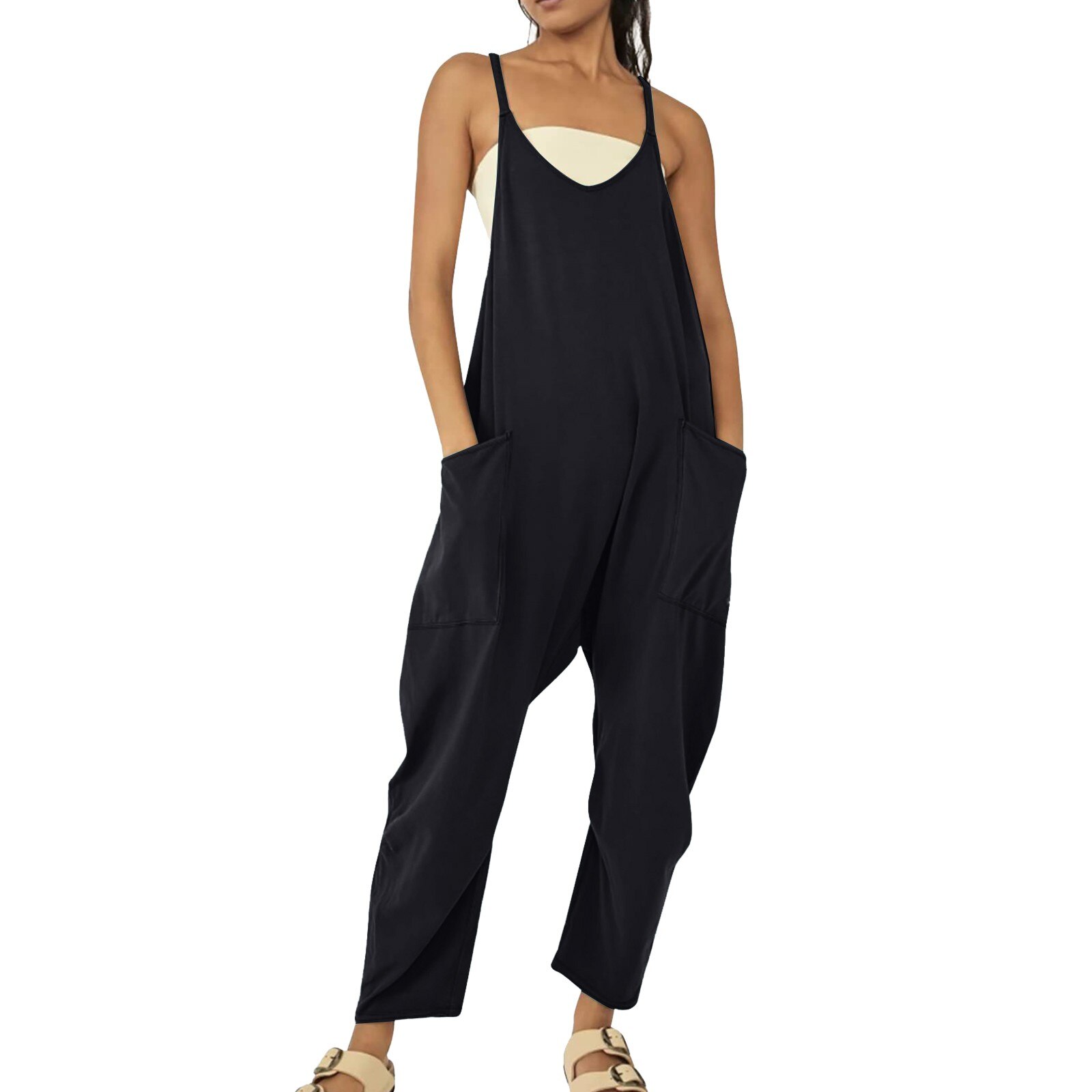 Women Casual Jumpsuit Summer Solid Loose Wide Leg Pants Bib Overalls Fashion Pocket Sleeveless Strap Baggy Streetwear Rompers