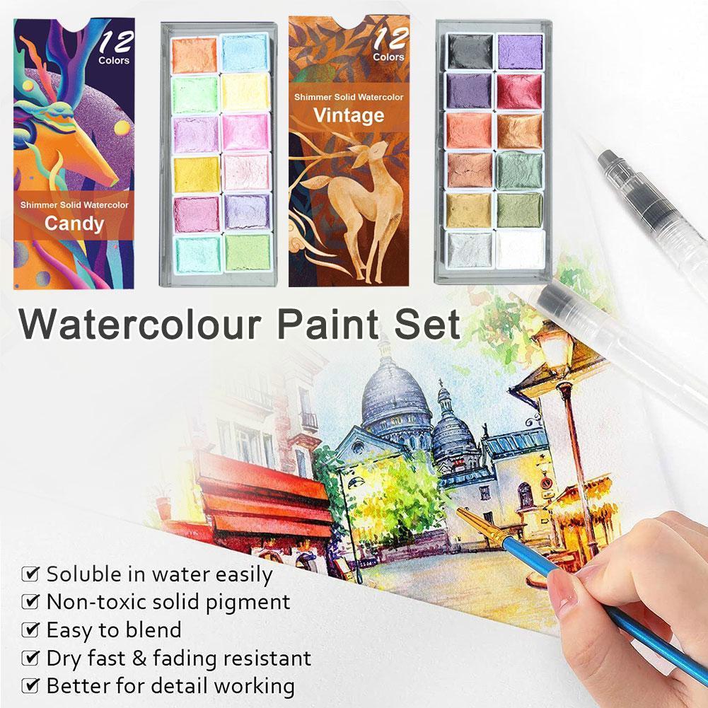 12 Colors Solid Watercolour Paint Lash Retro Pearlescent Set For Art Painting Glitter School Stationery Glitter Powder Q6r4