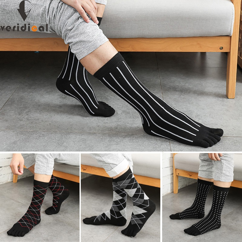 Combed Cotton Man 5 Finger Socks Four Seasons Striped Solid Diamond Business Party Dress Long Black Toe Socks Gentleman 5 Pairs