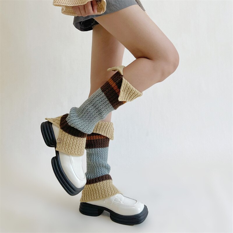 New Retro Leg Warmers Winter Button Opening American Y2K Harajuku Hot Girl Japanese Contrast Color Pile Knitted Wool Long Socks
