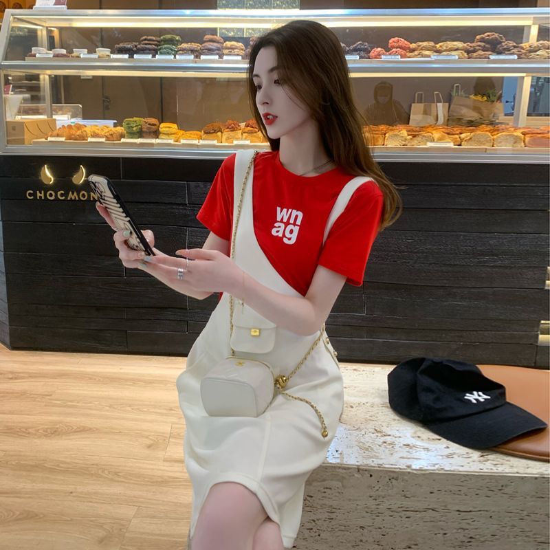 Age Reducing Outfits 2023 Summer New Fashion Comfortable Breathable Casual Short Sleeve Strap Dress Two Piece Set For Women