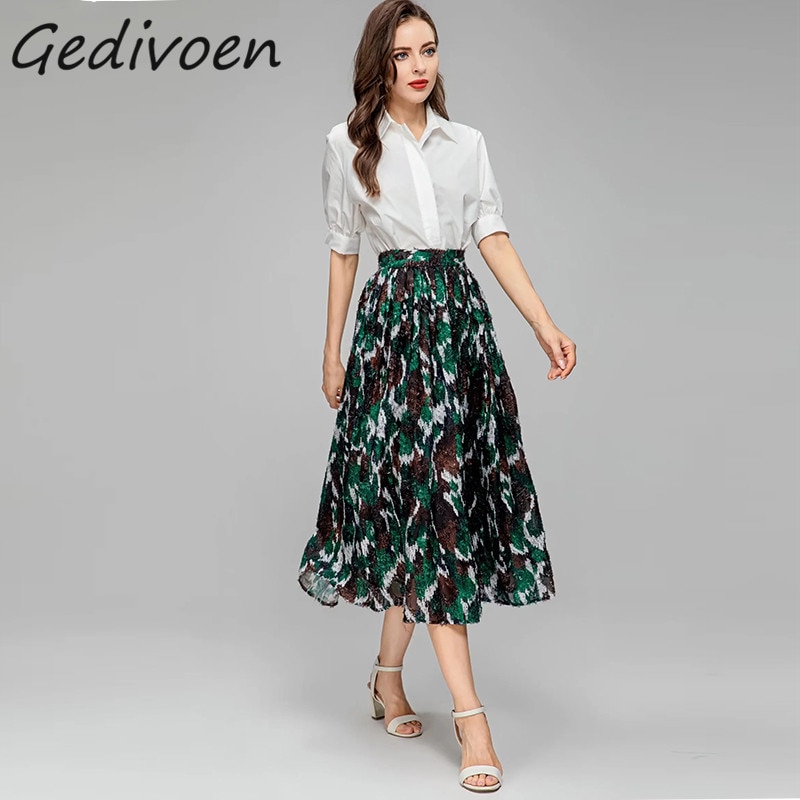 Gedivoen Summer Fashion Runway Vintages Skirt Set Women Short Sleeve Top+Gathered Waist Jacquard Cotton Half Skirt 2 Pieces Set