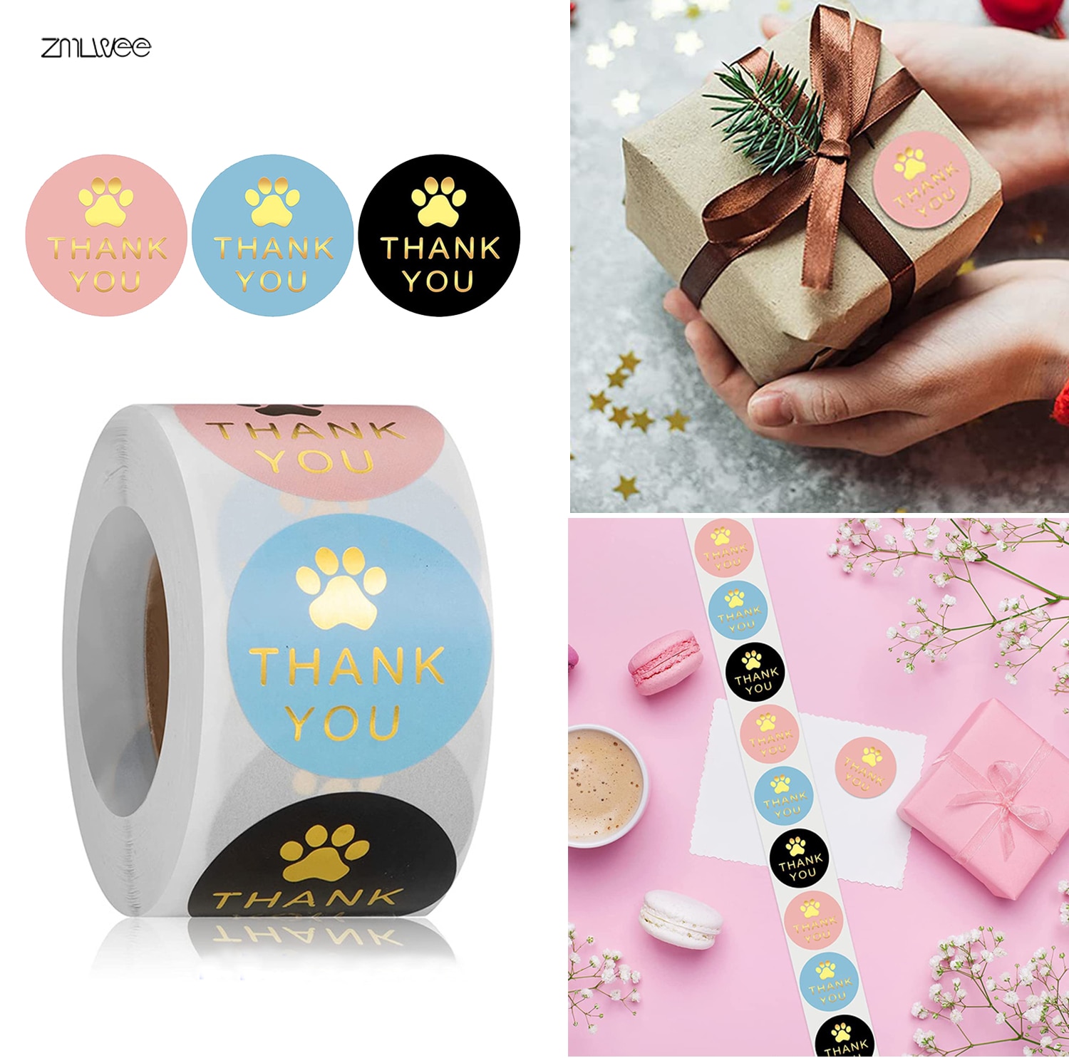 Thank You Stickers for Packaging Labels Envelope Seals Handmade Gift Decoration Roll Tags Wedding Birthday Black Gold Sticker