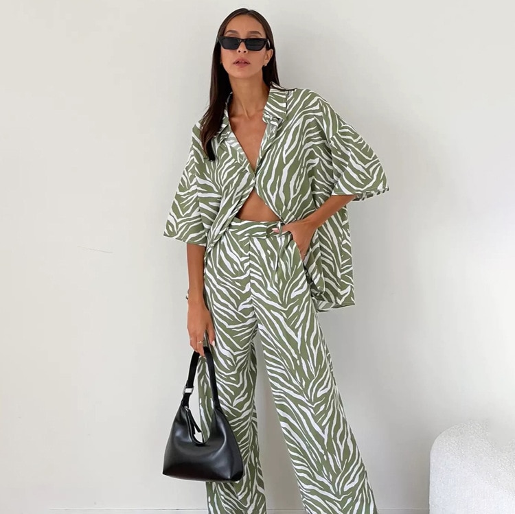 Women Two Piece Sets Satin Zebra Striped Pant Suit 2023 Summer Half Sleeve Shirt High Waist Trousers Elegant Ladies Vestidos