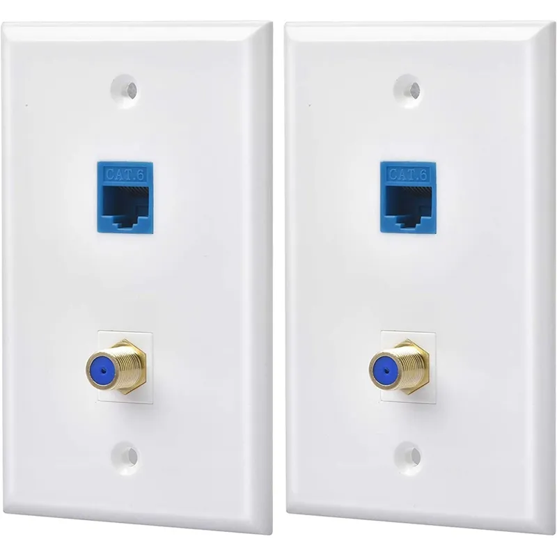 Ethernet Coax Wall Plate Outlet With 1 Cat6 Keystone Port And 1 Gold-Plated Coax F Type Port RJ45 Wall Plates