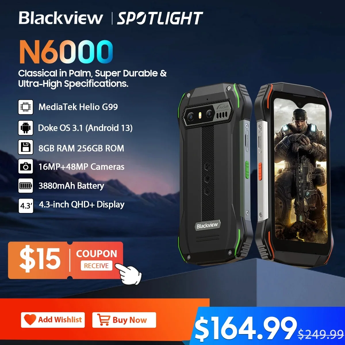 [World Premiere]Blackview N6000 Rugged Smartphone, Android 13 G99 Mobile Phone, 16GB 256GB 4.3''Display, 48MP Cameras 