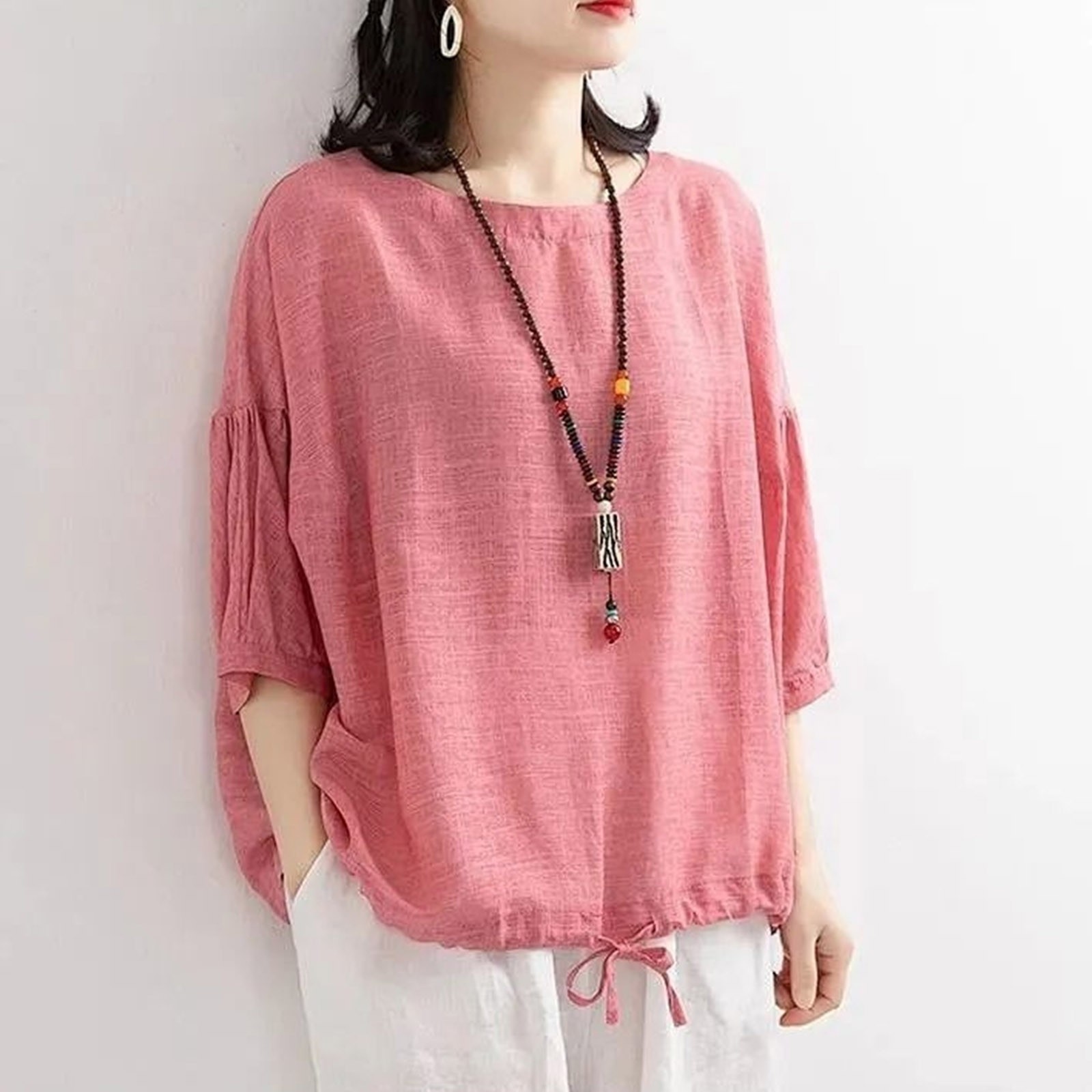 Plus Size Womens Summer Tops For Work Casual Women Loose Sleeve O Neck Blouse Pink Office Shirt Cotton Lonen Tees Pullover Blusa