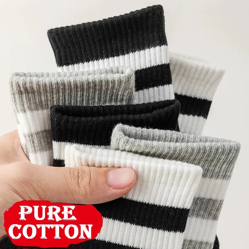 6pairs Stripe Solid Cotton Socks Women Autumn Winter Simple Soft Breathable Black White Sport Middle Tube Sock Deodorant Socks