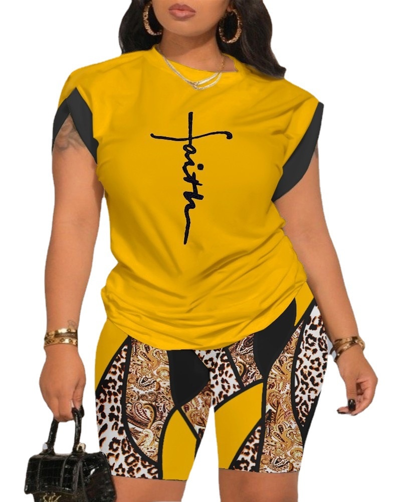 Women Fashion Letter Printed Outifits 2023 Summer Casual Short Sleeve Pocket Suit Female O Neck T Shirt Top Shorts Two Piece Set