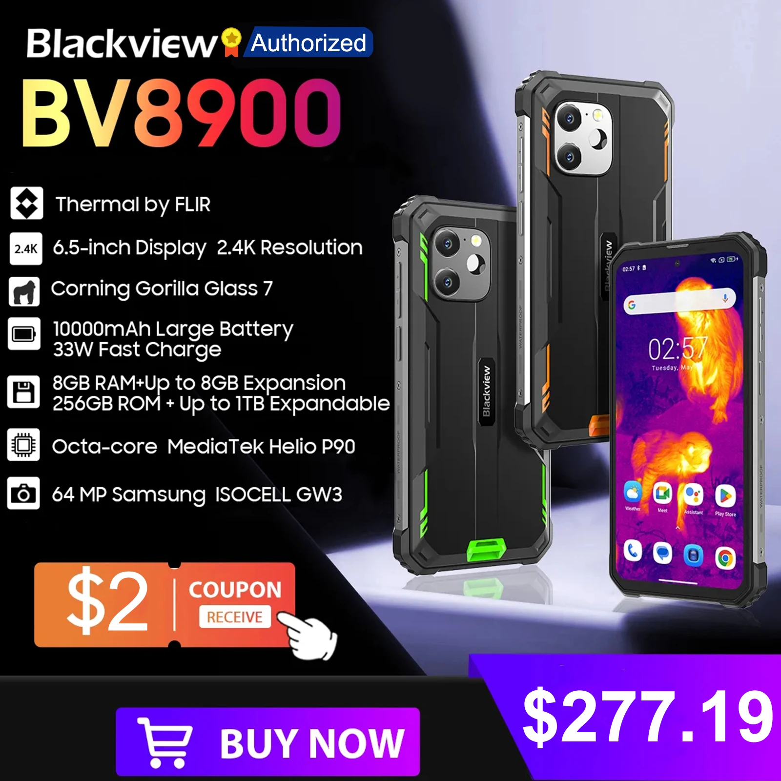 Blackview BV8900 Rugged Thermal Smartphone 6.5'' Display 16GB 256GB Android 13 Helio P90 Mobile Phone 10000mAh Battery