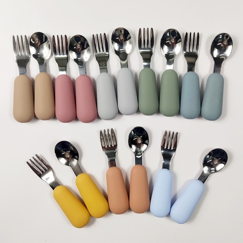 2PC/Set Baby Silicone Tableware Children Stainless Steel Dinnerware Toddler Cutlery Cartoon Infant Food Feeding Spoon Fork