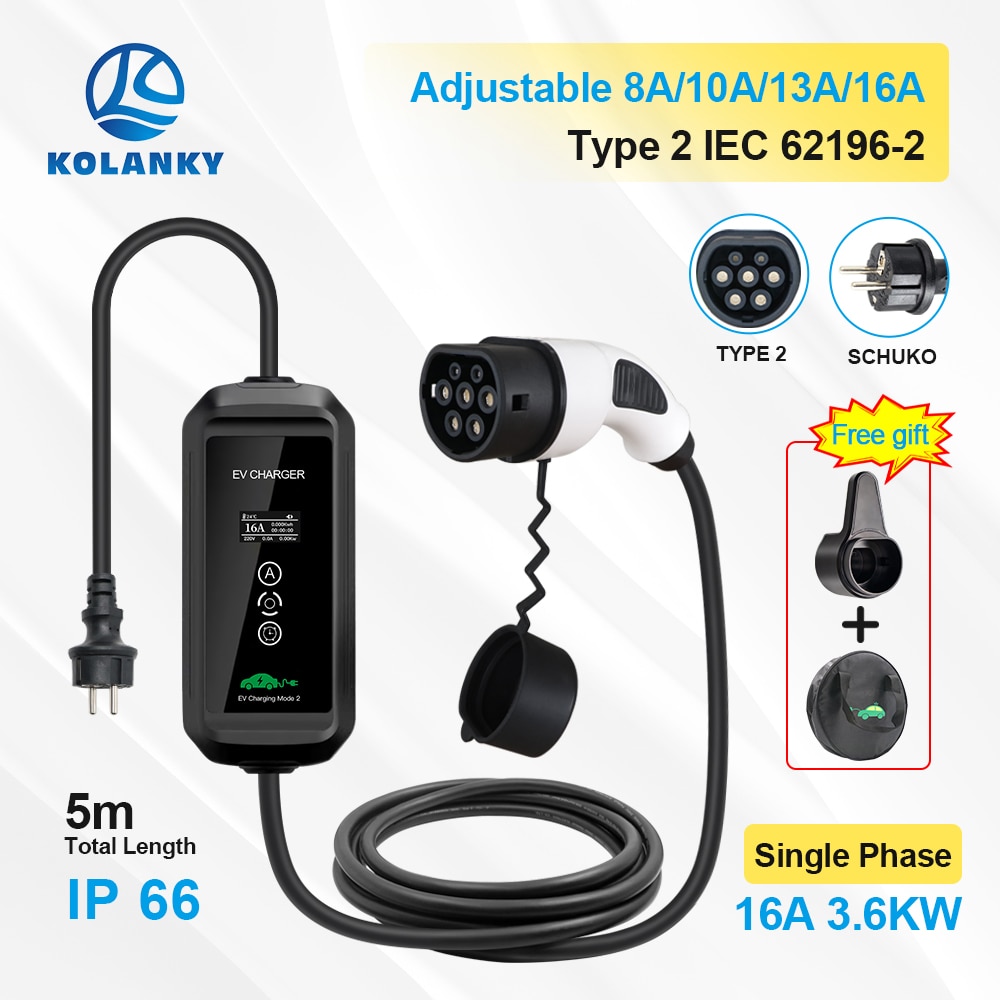 Mobile EV Charger 16A 3.6KW Type 2 Wallbox Adjust Timer Function Charging For Eletric Vehicle Hybrid PHEV Cars Cable 5M