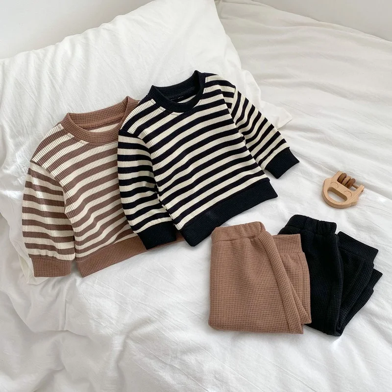 2PCS Set Newborn Baby Clothes 0-3Years Infant Kids Boy Girl Long Sleeve Waffle Pattern Striped Tops+Long Pant Autumn Outwear