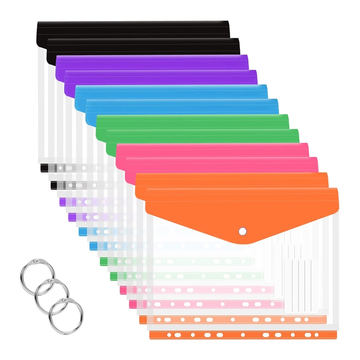 12 Pcs A4 Pocket Expandable Envelopes Clear Plastic Envelopes for Ring Folder, Snap Button