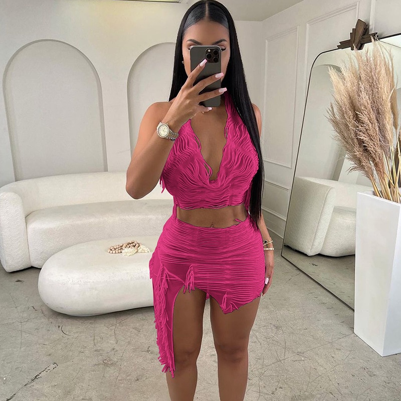 Hollow Out Tassel White Two Piece Dress Sets Women Sexy V Neck Halter Backless Vests Crop Top Asymmetrical Mini Skirt Streetwear