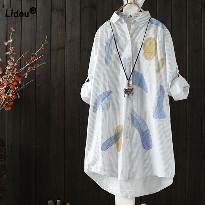 Casual Fashion Printed Spliced Long Sleeve Shirt Women's Clothing Loose Spring Summer Female Striped Single-breasted Midi B