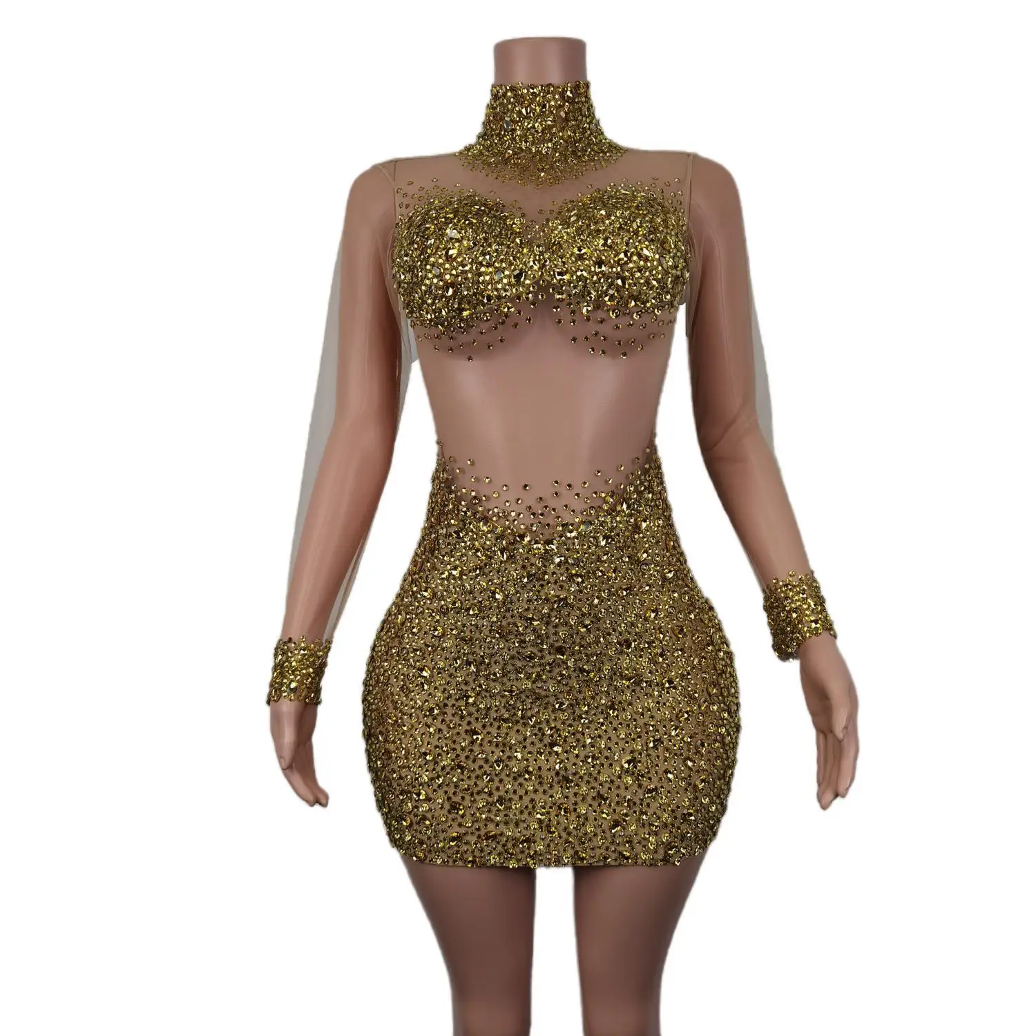 Sparkly Gold Rhinestones Mesh Transparent Short Dress Women Birthday Celebrate Prom Evening Dress Stage Wear Wangshazuan