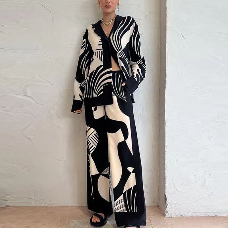 Fashion Pocket Long Pants Outfits Women Fashion Vintage Two-piece Suits Autumn Graffiti Casual Style New Printed Loose Shirt Set