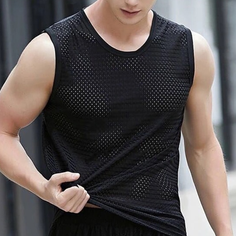 Men Ice Silk Tank Tops Underwear Mens Undershirt Transparent Shirts Male Bodyshaper Wrestling Fitness Mesh Breathable Singletss