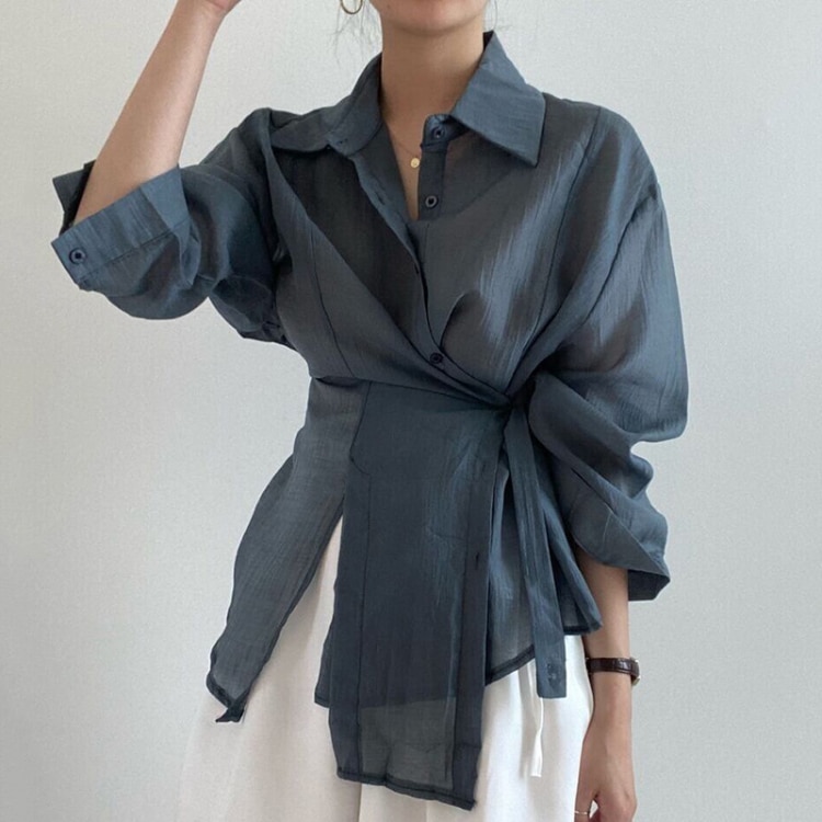 Korean Simple Lapel Neck Long Sleeve Shirts Women Summer Thin Sun Protection Blouses Y2k Grunge Irregular Slim Waist Blusas