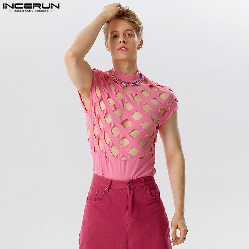 2023 Men Bodysuits Solid Hollow Out Fitness Turtleneck Sleeveless Male Rompers Tank Tops Sexy Transparent Bodysuit INCERUN S-5XL