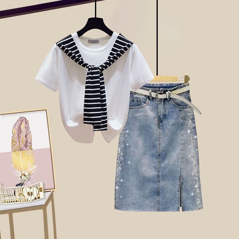 Summer Fashion Outfits 2023 New Korean Version Fresh and Age Reducing Short Sleeve Denim Half Skirt Two Piece Set For Women