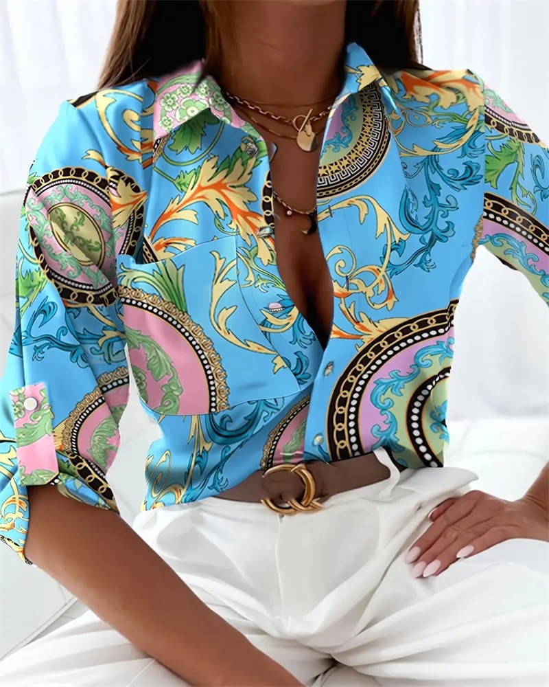 2023 Casual Long Sleeve Print Blouse Button Women 2023 Fashion Turn Down Collar White Shirts Spring Autumn Tops