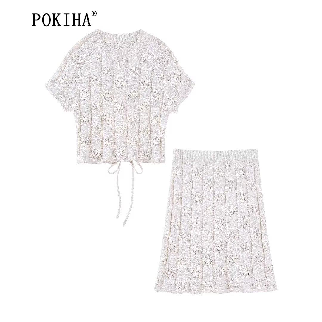 Pokiha Fashion Women Knitting Back Hollow Out Tied Floral Embroidery Pearl Short Blouse And High Waist Midi Skirt Two Piece Sets