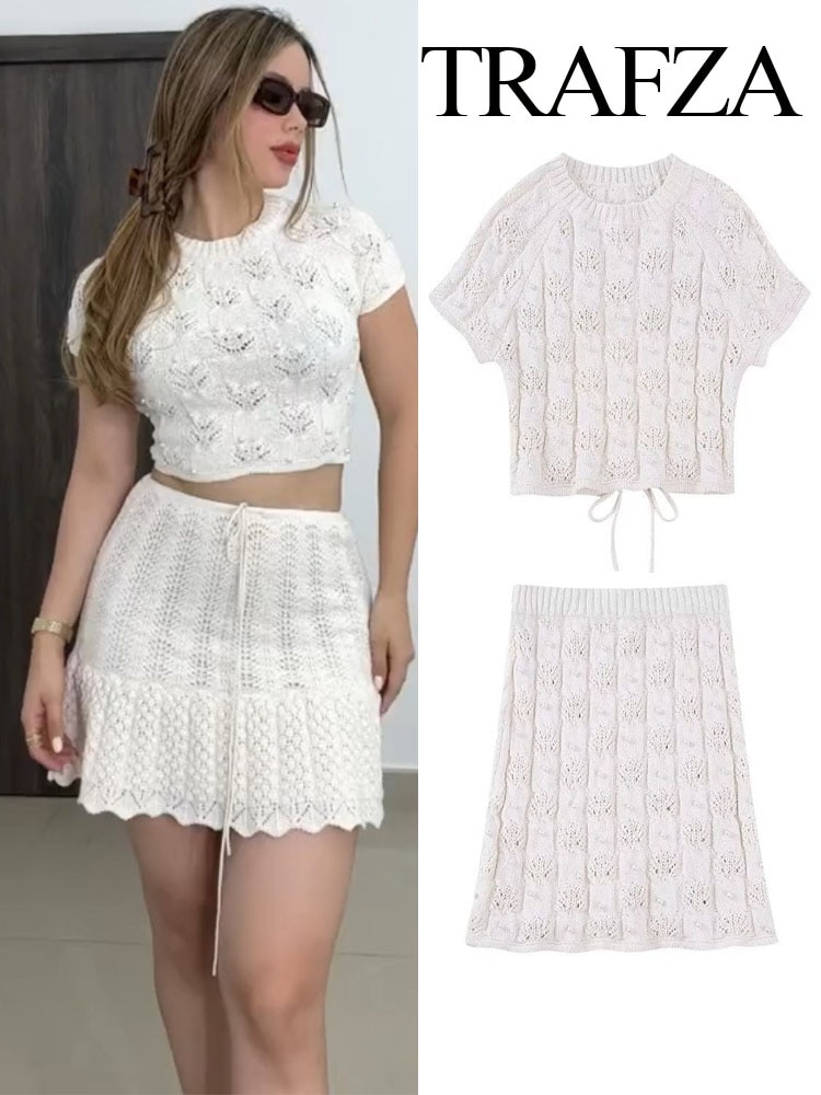 TRAFZA Summer Female Fashion Elegant Office Two Piece Suit Hollowed Bare Waist Tops＋Women High Waist Slim Knitting A-LINE Skirt
