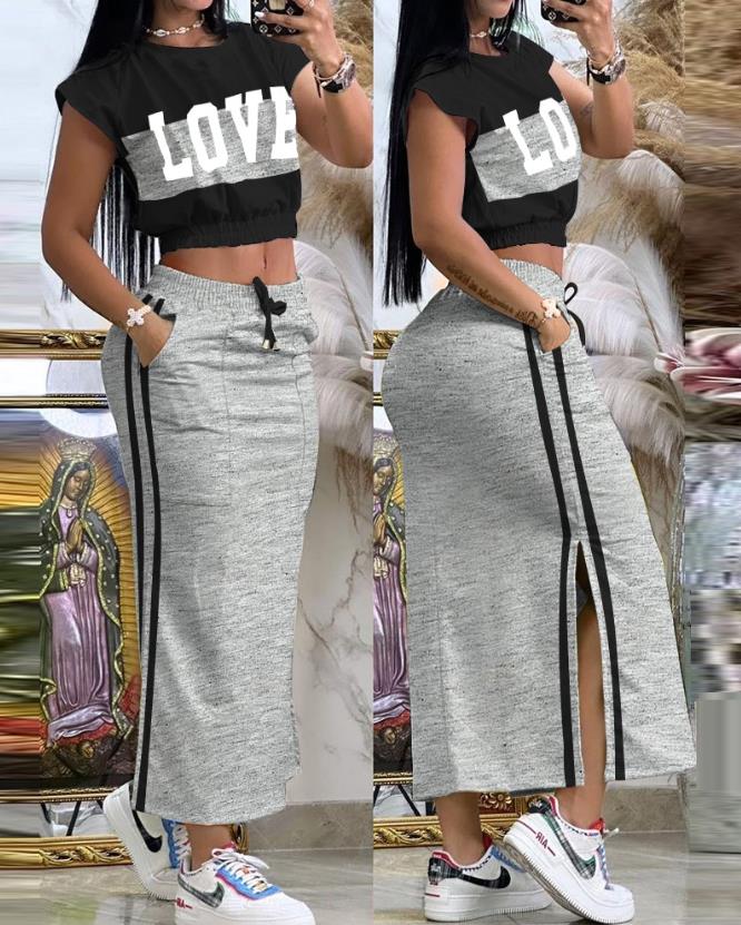 Two Piece Sets Women Outifit 2023 Summer Fashion Print Colorblock O-Neck Short Sleeve Crop Top & Casual Striped Pocket Skirt